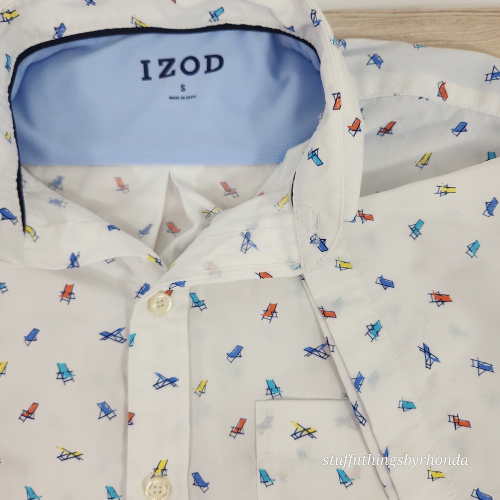 Izod Beach Chair Print White Short Sleeve Button Down Shirt Mens Small Vacation
